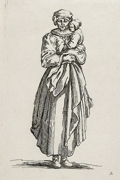 Les GUEUX- woman with child engraving from 1632 a l'eau forte by Jacques Callot (1592-1635), Dim in cm 13, 9x8, 7 Private collection