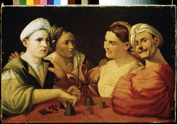 'les illusionistes'(The conjurers) Un couple de charlatans, trompant leurs victimes au tour des cubes magiques. Peinture de Giovanni Luteri dit Dosso Dossi (vers 1486-1542) 16eme siecle Musee Pouchkine, Moscou