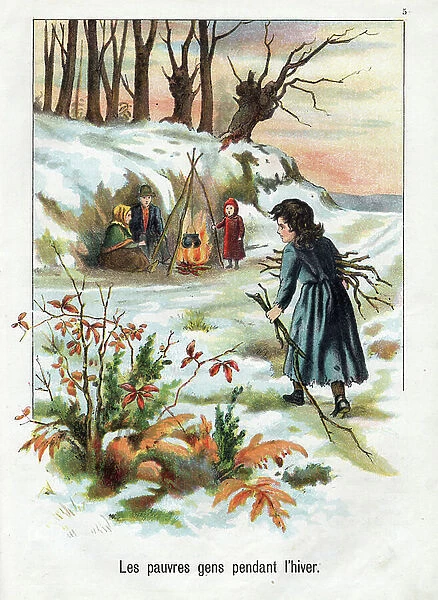 Les pauvres gens pednant l'hiver. Enfants dans la misere faisant un feu de bois dans la neige pour se rechauffer. Gravure du journal 'Gazette des Enfants', 1895. Collection privee Jean-Paul Paireault