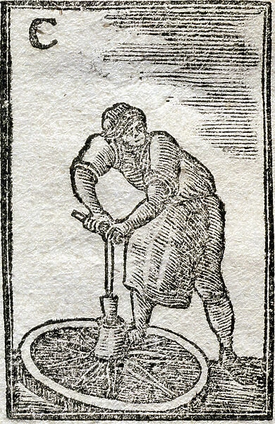 Letter C Charron (makes carts and plows). Engraving in ' Instructive abecedaire des arts et metiers'. A work in which a child, while having fun, can learn about the most useful Arts to the Society