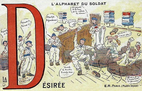 Letter D: La Desiree. Engraving of 'The soldier's alphabet'. E.R. Stop!, publisher, Paris, circa 1916. Series of 25 postcards used by soldiers during the war 1914-1918 and around 1930. Dim: 9, 5x14cm. Private collection