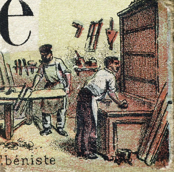 Letter E: Ebenist's workshop. Alphabetical cubes. Box of 30 cubes dating from 1898. Cover illustrated by H. Roy. Unknown publisher. A face of 24 cubes is dedicated to the metiers. Private collection