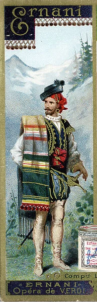 Letter E: Ernani, in ' Ernani' (created in 1844), opera by Giuseppe Verdi (1813-1901). Men's Alphabet (Liebig) Serie S0369. Compagnie Liebig, publisher (b at Antwerp 1893). Abecedaire consists of 12 advertising images in chromolithography