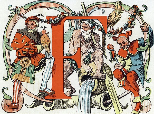 Letter F: Falconer, Fleuve, Pheasant, Fou. engraving in ' Alphabet'. Finish printing on 15 November 1875 by Charles Unsinger for Alphonse Lemerre, bookseller-publisher, Paris, 27-31 passage Choiseul
