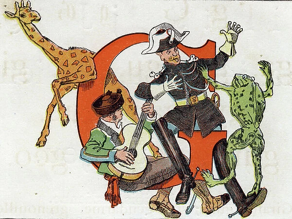 Letter G: Giraffe, Guitarist, Gendarme, Frog. engraving in ' Alphabet'. Finish printing on 15 November 1875 by Charles Unsinger for Alphonse Lemerre, bookseller-publisher, Paris, 27-31 passage Choiseul