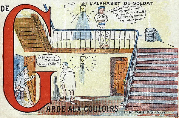 Letter G: Guard to the corridors. Engraving of 'The soldier's alphabet'. E.R. Stop! , publisher, Paris, circa 1916. Series of 25 postcards used by soldiers during the war 1914-1918 and around 1930. Dim: 9,5x14cm. Private collection