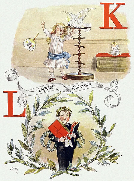 Letter K and L: Kakatoes and Laureat. Engraving in ' Usual Alphabet'. Illustrations on the theme of quality and defect in children. A. Quinn, printer-publisher, 1885. Collection: The Children's Encyclopedie