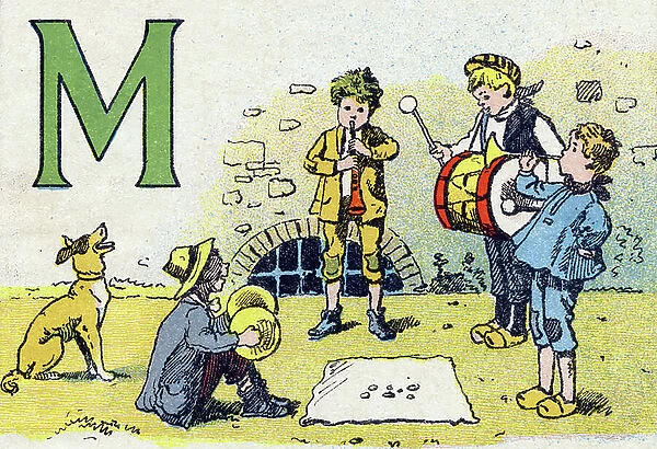 Letter M: Forward the Music! Engraving in ' ABC fun'. Monrocq Freres, editors, beginning of the 20th century. 20 pages. Dim: 24, 5x18, 5cm. Private Collection