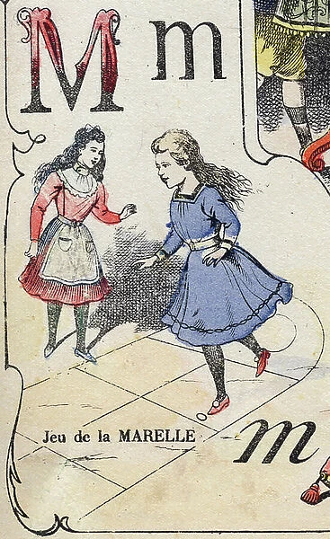 Letter M: marelle game. Doll's alphabet. Imaging of Pont-a-Mousson by Louis Vagne, c.1900 (lithograph)