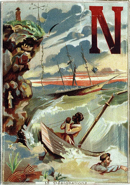 Letter M: ship; shipwreck; Napoleon; shipwrecks; nasse; narcissus; turnips; negre; knots; nimbe; north; nest. Alphabet (Abecedaire). In each image, there are a number of illustrious words whose representations are staged