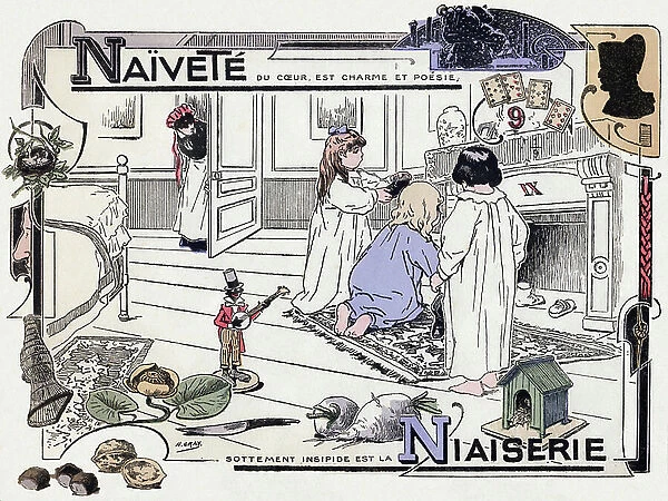 Letter N NAIVETE of the heart is charm and poesy, foolishly tasteless is NUAISERY. Engraving in '' ABC. Alphabet of good advice and mistakes to avoid''. Ch. (Charles) Ramel et Cie, editors, Paris, circa 1919