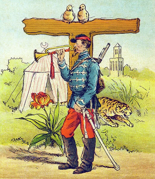 Letter T: trumpet, tiger, doves, tent, tulip, tower. Unbreakable abecedary on canvas c.1900 (print)