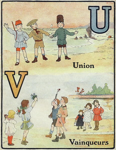 Letter U and V: Union and Winners. Little French alphabet. Hachette and Cie, publisher, Paris, 1917 (lithograph)