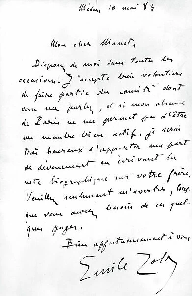 Letter written by Emile Zola to Edouard Manet in Medan on may 10, 1883