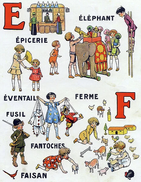 Letters E F: grocery store, elephant, fan, farm, rifle, puppet, pheasant. Engraving in ABC of toys''., 1931 (engraving)