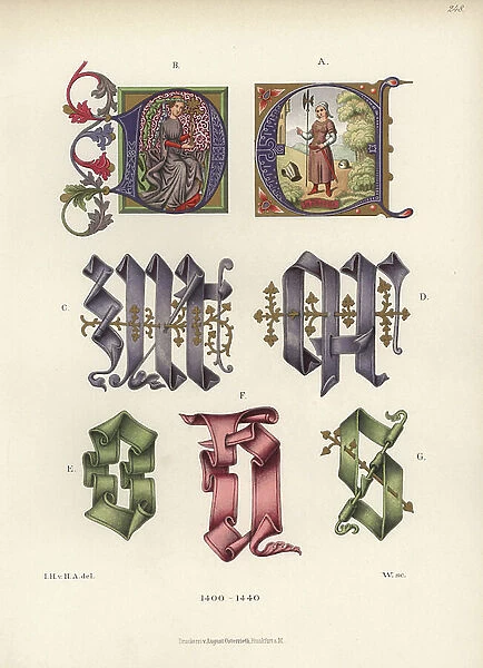 Lettrines and miniatures of manuscripts from 1400 to 1440, extracted from various works of the bookstores of Paris, Heidelberg and Munich - Chromolithography, drawing by Jakob Heinrich von Hefner-Alteneck (1811-1903), for his book 'Costumes