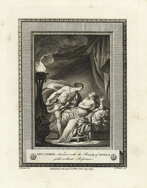 Leucothoe seduced by Apollo - Leucothoe, charmed with the beauty of Apollo, yields without resistance. Copperplate engraving by W. Walker after an illustration by C. Monnet from The Copper Plate Magazine or Monthly Treasure, G