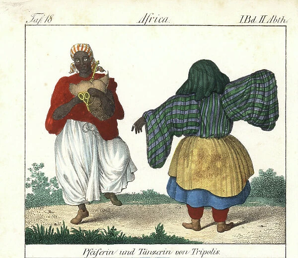 Libya costumes: woman playing bagpipes and veiled dancer from Tripoli. Lithography for the book: ' Galerie complete en tableaux fideles des peuples d'Afrique' by Friedrich Wilhelm Goedsche (1785-1863), edition Meissen (Germany), 1835-1840
