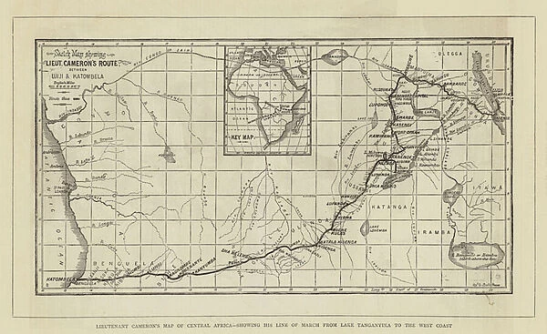 Lieutenant Camerons Map of Central Africa, showing his Line of March from Lake Tanganyika to the West Coast (engraving)