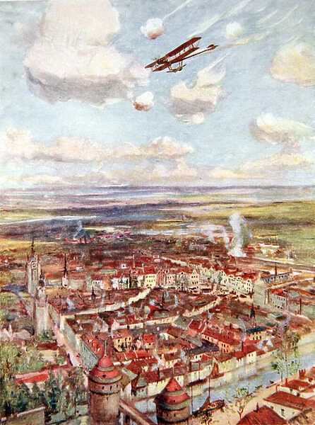 Lieutenant Rhodes-Moorhouse flying over Courtrai to bomb the railway (colour litho)