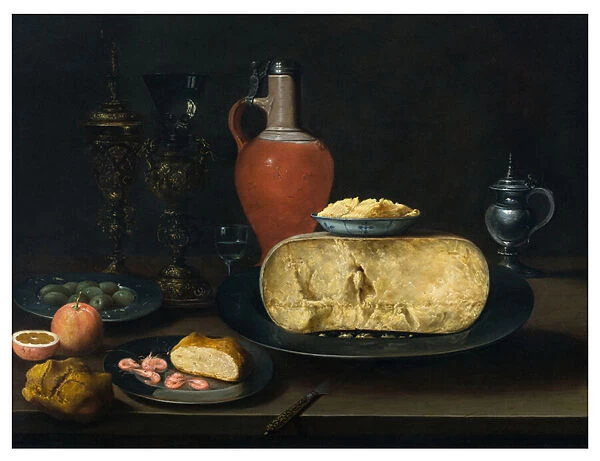 A Still Life with Cheese, Butter, Bread, Prawns, Oranges, Olives and Wine on a Table, 1800-1900 (oil on panel)