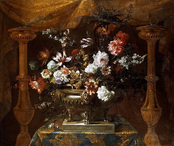 Still life with flowers in a silver vase with perfume burners, c. 1690-99 (oil on canvas)