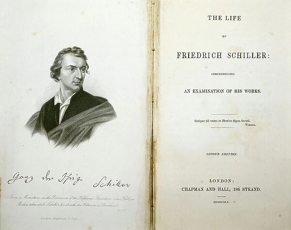 The life of Friedrich Schiller by Thomas Carlyle. Frontispice with portrait of Schiller. Litography