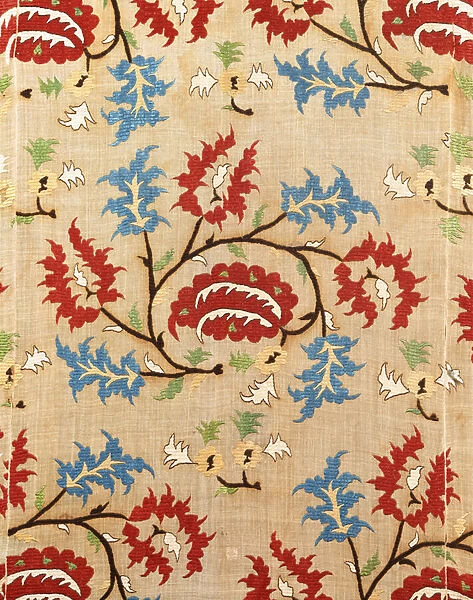 Detail of a linen cover, embroidered with a meander of red and blue flower sprays (linen)