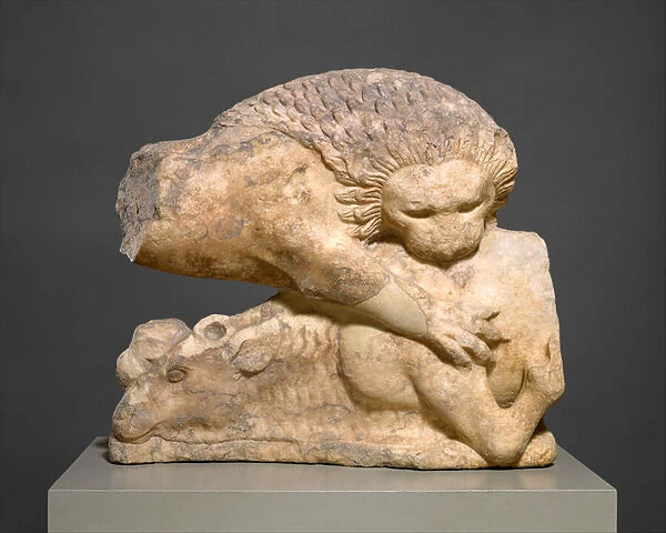 Lion felling a bull, from a marble pediment, c. 525-500 B. C. (marble)