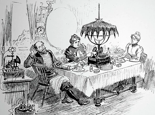 Listening to the morning paper on a record player, 1883