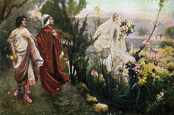 Literature. Dante and Matilda. Illustration by S. Postiglione in: The Purgatory, by Dante Alighieri, Czech Republic, c.1900 (postcard)
