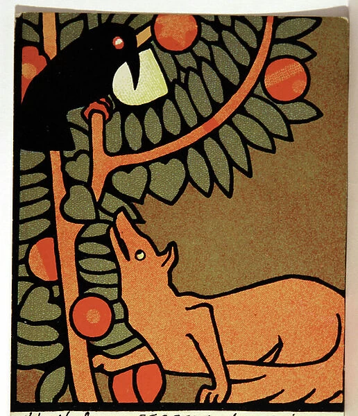 Literature. The Fox and the Crow, by the french fabulist Jean de La Fontaine. Postcard, Hungary, 1915 (postcard)