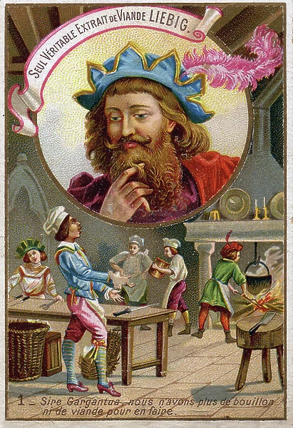 Literature. Gargantua's dinner. Illustration in: Gargantua, by Rabelais. Imagerie, France, c.1900