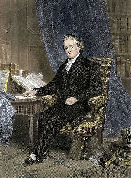 Literature: Noah Webster (1758-1843), American lexicographer surrounded by books. Colour engraving of the 19th century