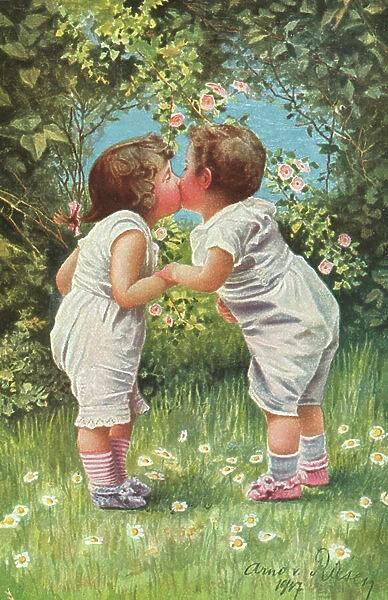 Little boy and girl kissing in a garden (colour litho)