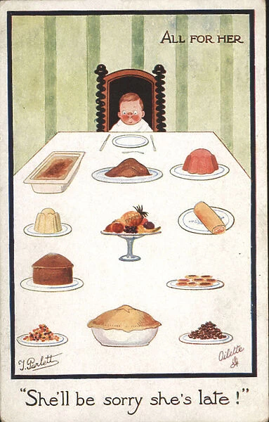 Little boy with a table full of food (colour litho)