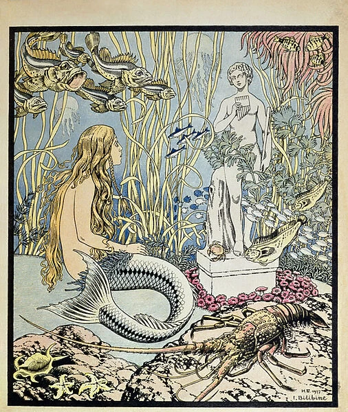 The Little Mermaid before a statue in the sea, illustration for a fairy tale by Hans