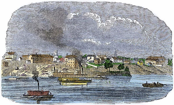 Little Rock, capital of Arkansas, view of the river 1870s. 19th century colour engraving