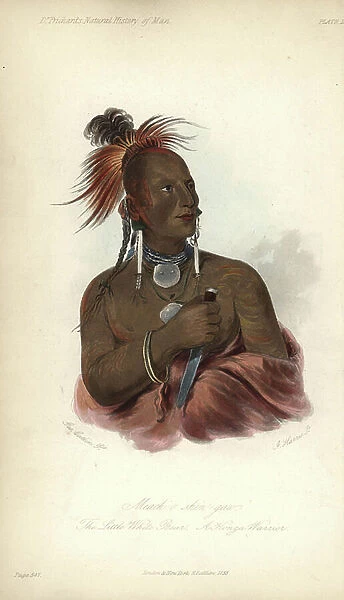 The Little White Bear, Meach-o shin-gaw, a Konza (Kansas / Kaw) warrior. Handcoloured lithograph by J. Harris after a painting by George Catlin from James Cowles Prichard's Natural History of Man, Balliere, London, 1855