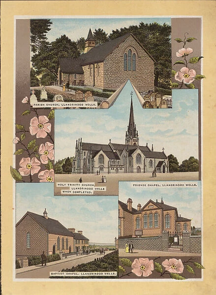 Llandrindod Wells: Paris Church; Holy Trinity Church; Friends Chapel; Baptist Chapel (colour litho)