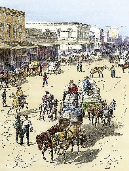 Loading cotton on Elm Street in Dallas, Texas, USA, years 1870. Colour engraving of the 19th century