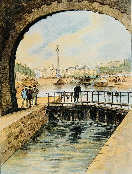 Lock of the Canal St. Martin, Paris, 1890 (colour litho)