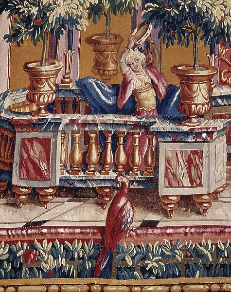 L'Offrande a Pan, detail of parrot and baluster. Cartons of the curtain created by Jean-Baptiste Monnoyer (Jean-Baptiste Monnoyer, 1636-1699), inspired by Jean Berain pere (1640-1711). Tapestry in low-lice made by the Atelier de Beauvais