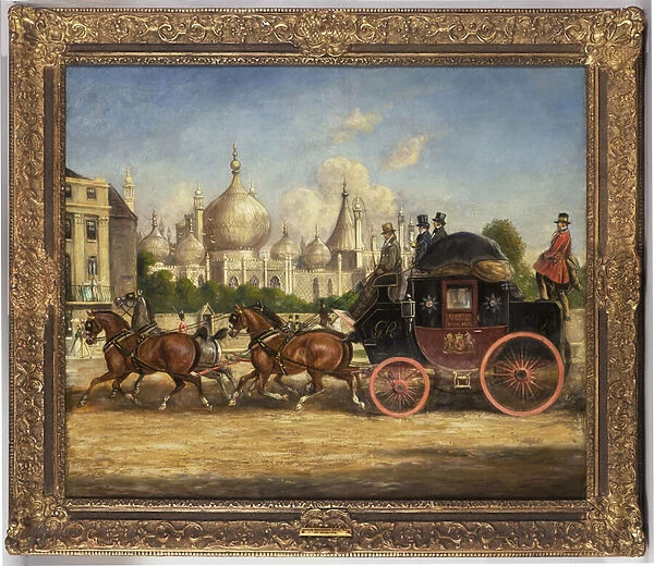 The London-Brighton mail coach in front of the Royal Pavilion, Brighton (oil on canvas)