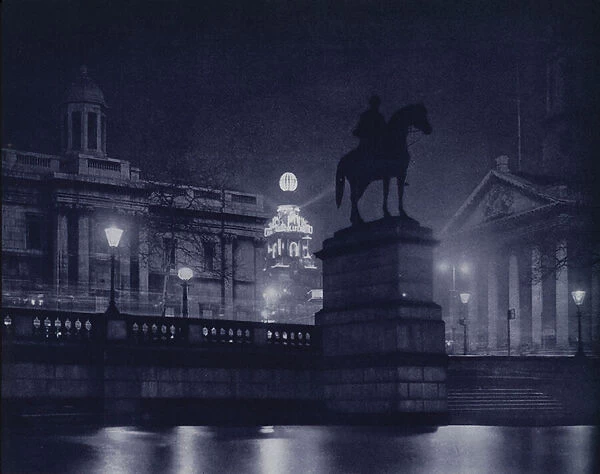 London at night: The National Gallery, The Coliseum and St Martin-In-The-Fields, Trafalgar Square (b  /  w photo)