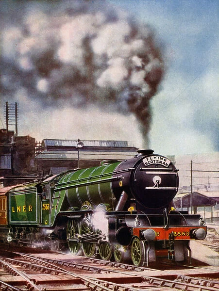 London and North Eastern Railway 4-6-2 Pacific steam locomotive William Whitelaw hauling the Flying Scotsman passenger express train leaving Londons Kings Cross Station bound for the north (colour litho)