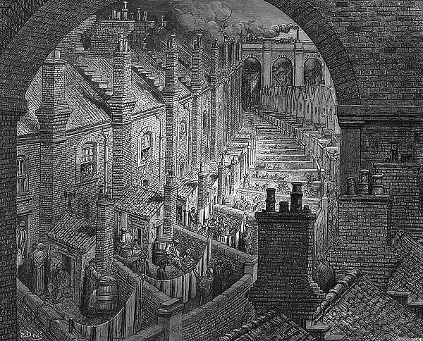Over London by Rail From Gustave Dore and Blanchard Jerrold London: A Pilgrimage London 1872. Back view of typical 19th century London artisan terrace houses with washhouses, privies and yards leading on to alley serving them and similar terraces