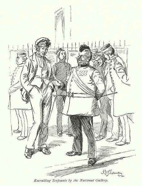 London: Recruiting Serjeants by the National Gallery (colour litho)