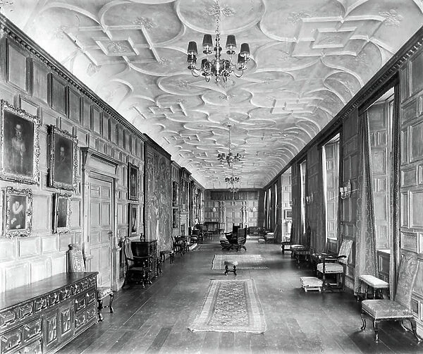 The Long Gallery at Beaudesert, Staffordshire, from England's Lost Houses by Giles Worsley (1961-2006) published 2002 (b / w photo)