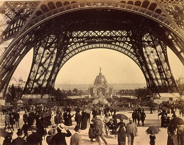 Looking through the base of Eiffel Tower, view towards the Central Dome, Paris Exhibition
